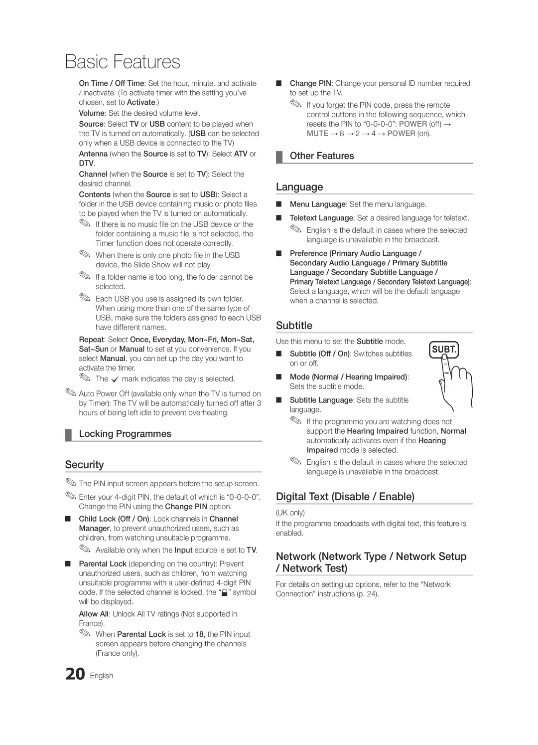 Samsung UE40C5100QWXZG, UE46C5100QWXZG, UE40C5100QWXXN manual Security, Language, Subtitle, Digital Text Disable / Enable 