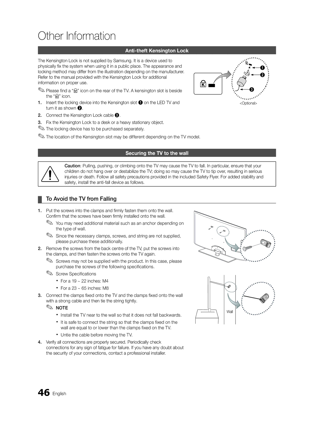 Samsung UE46C5100QWXZT To Avoid the TV from Falling, Anti-theft Kensington Lock, Securing the TV to the wall, Optional 