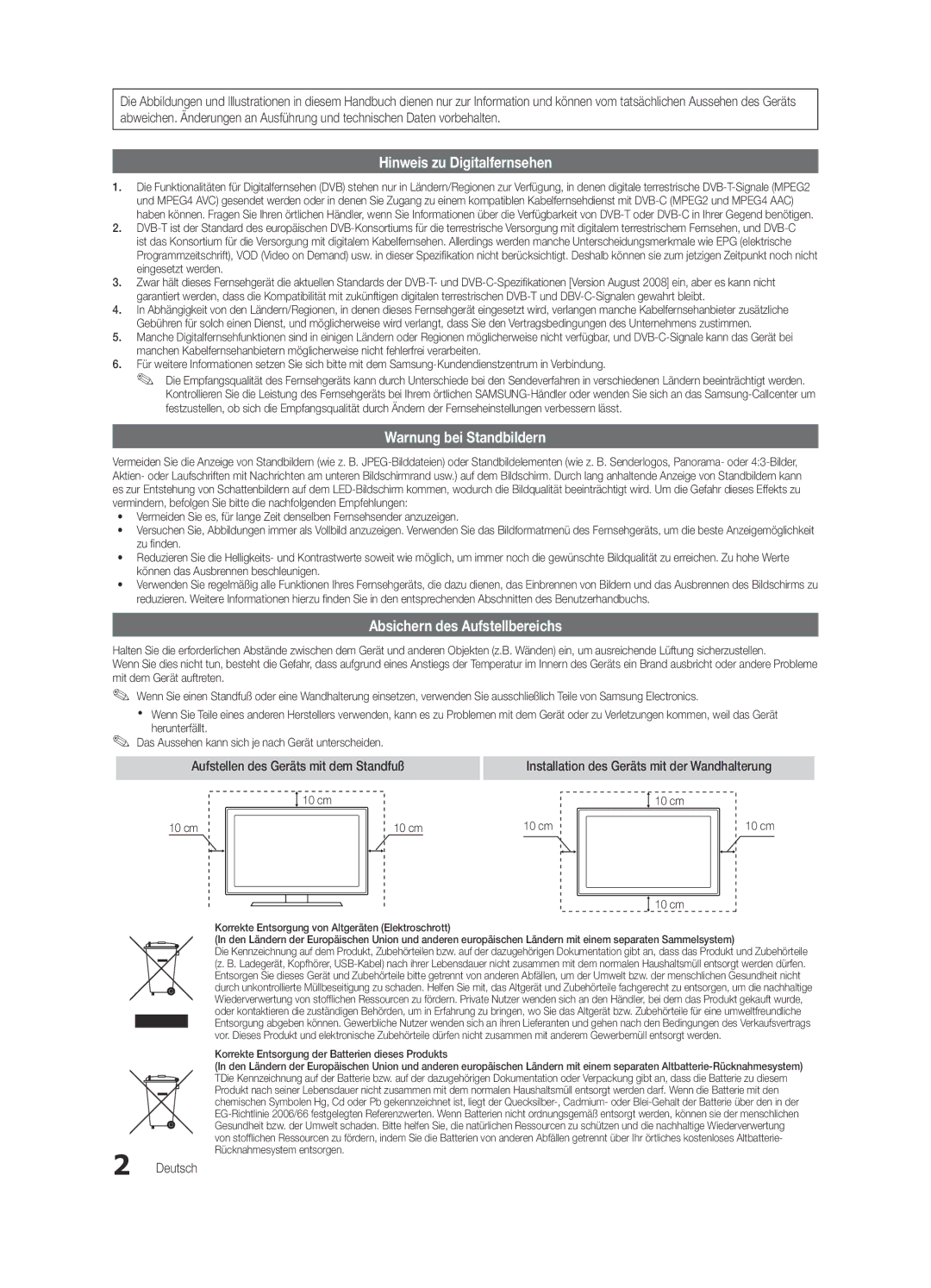 Samsung UE40C5100QWXZG manual Absichern des Aufstellbereichs, Deutsch, Korrekte Entsorgung der Batterien dieses Produkts 