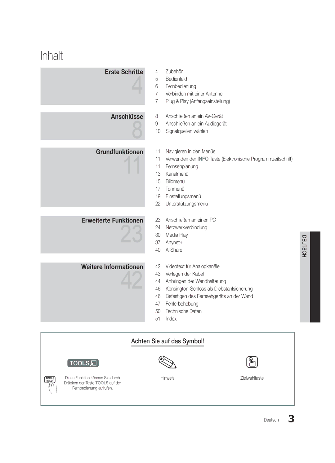 Samsung UE37C5100QWXZG, UE46C5100QWXZG, UE40C5100QWXXN, UE32C5100QWXXN manual Inhalt, Achten Sie auf das Symbol, Hinweis 