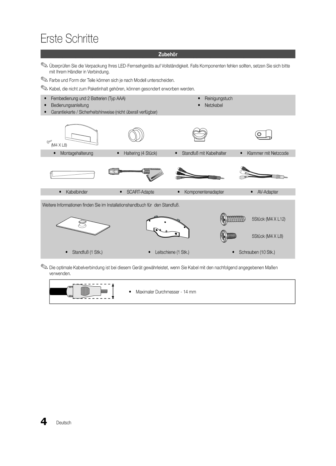 Samsung UE37C5100QWXXN manual Erste Schritte, Zubehör, Yy Kabelbinder, Den Standfuß, Yy Standfuß 1 Stk Leitschiene 1 Stk 