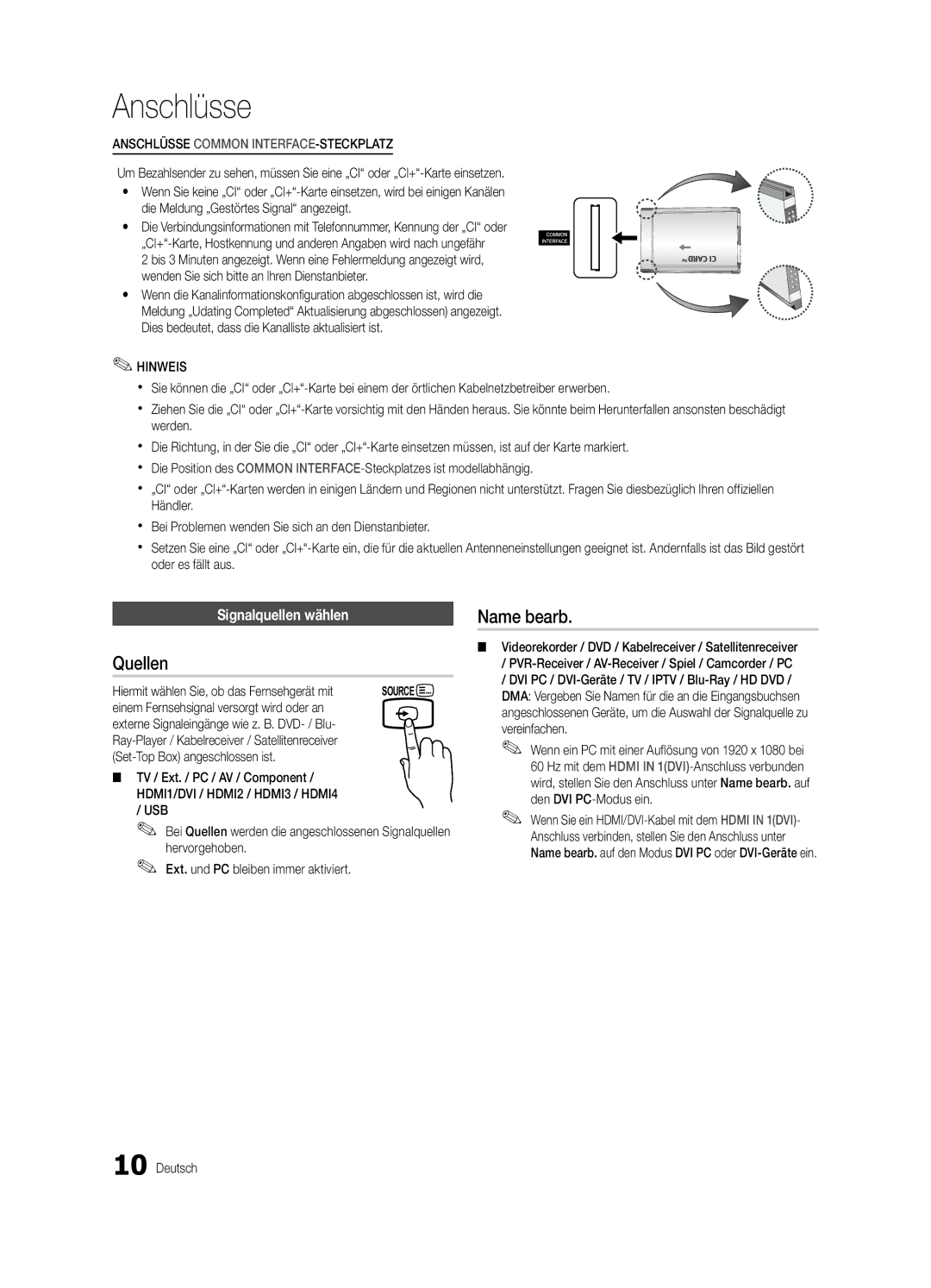 Samsung UE37C5100QWXZT manual Quellen, Name bearb, Signalquellen wählen, Einem Fernsehsignal versorgt wird oder an 