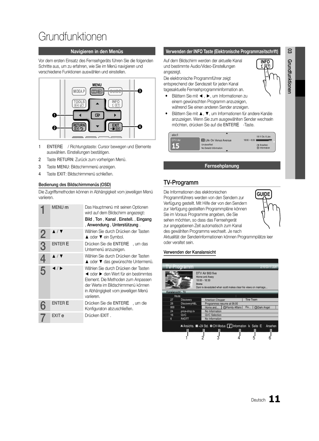 Samsung UE32C5100QWXZT, UE46C5100QWXZG manual Grundfunktionen, TV-Programm, Navigieren in den Menüs, Fernsehplanung 