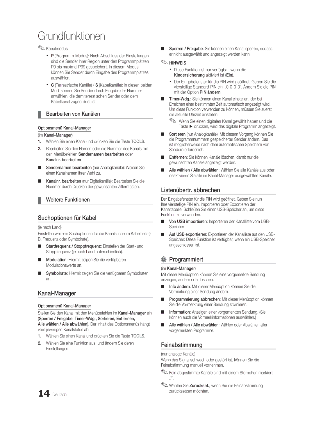 Samsung UE46C5100QWXZG, UE40C5100QWXXN manual Suchoptionen für Kabel, Listenübertr. abbrechen, Programmiert, Feinabstimmung 