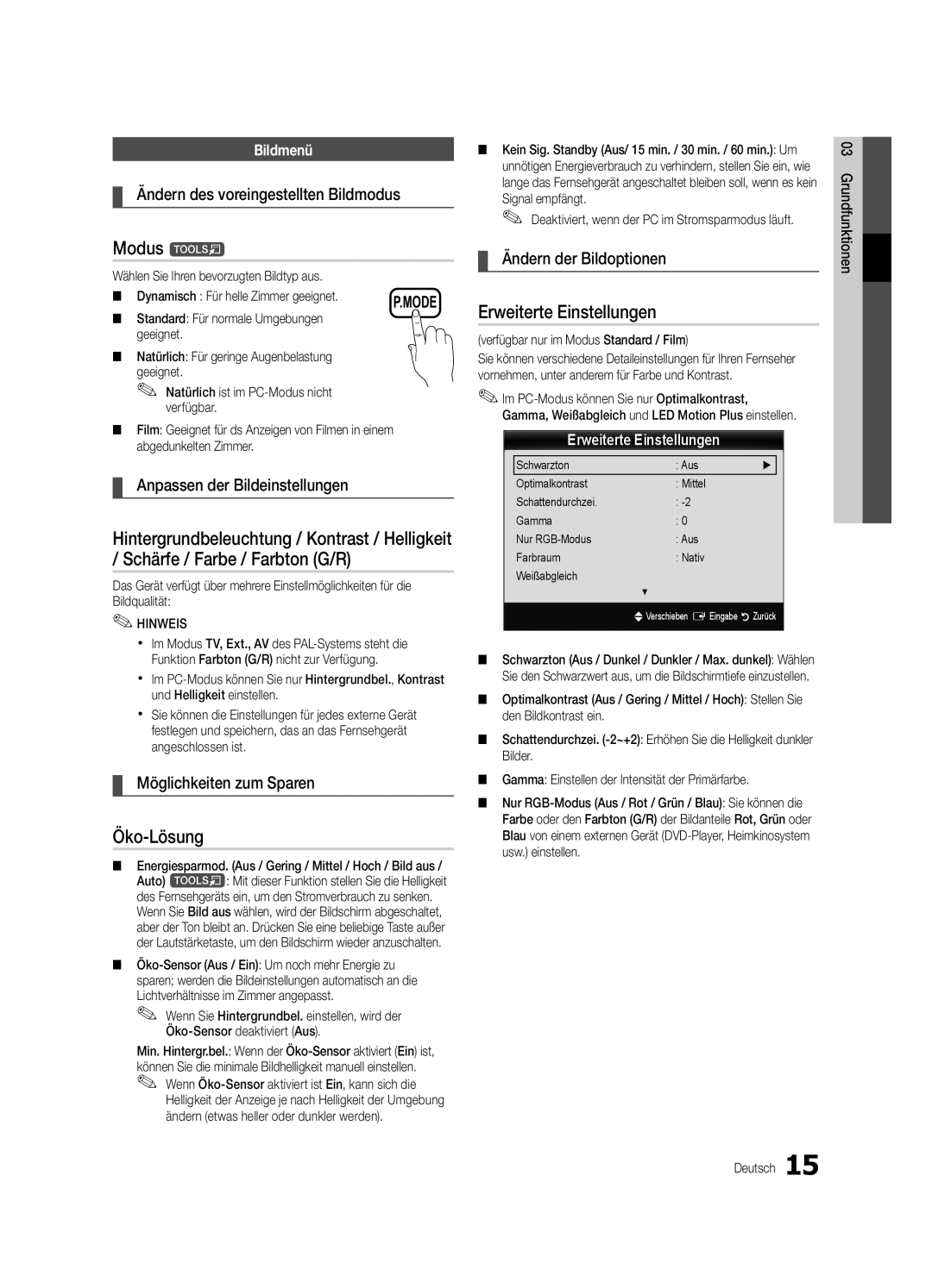 Samsung UE40C5100QWXXN, UE46C5100QWXZG, UE32C5100QWXXN, UE32C5100QWXZG manual Modus t, Öko-Lösung, Erweiterte Einstellungen 