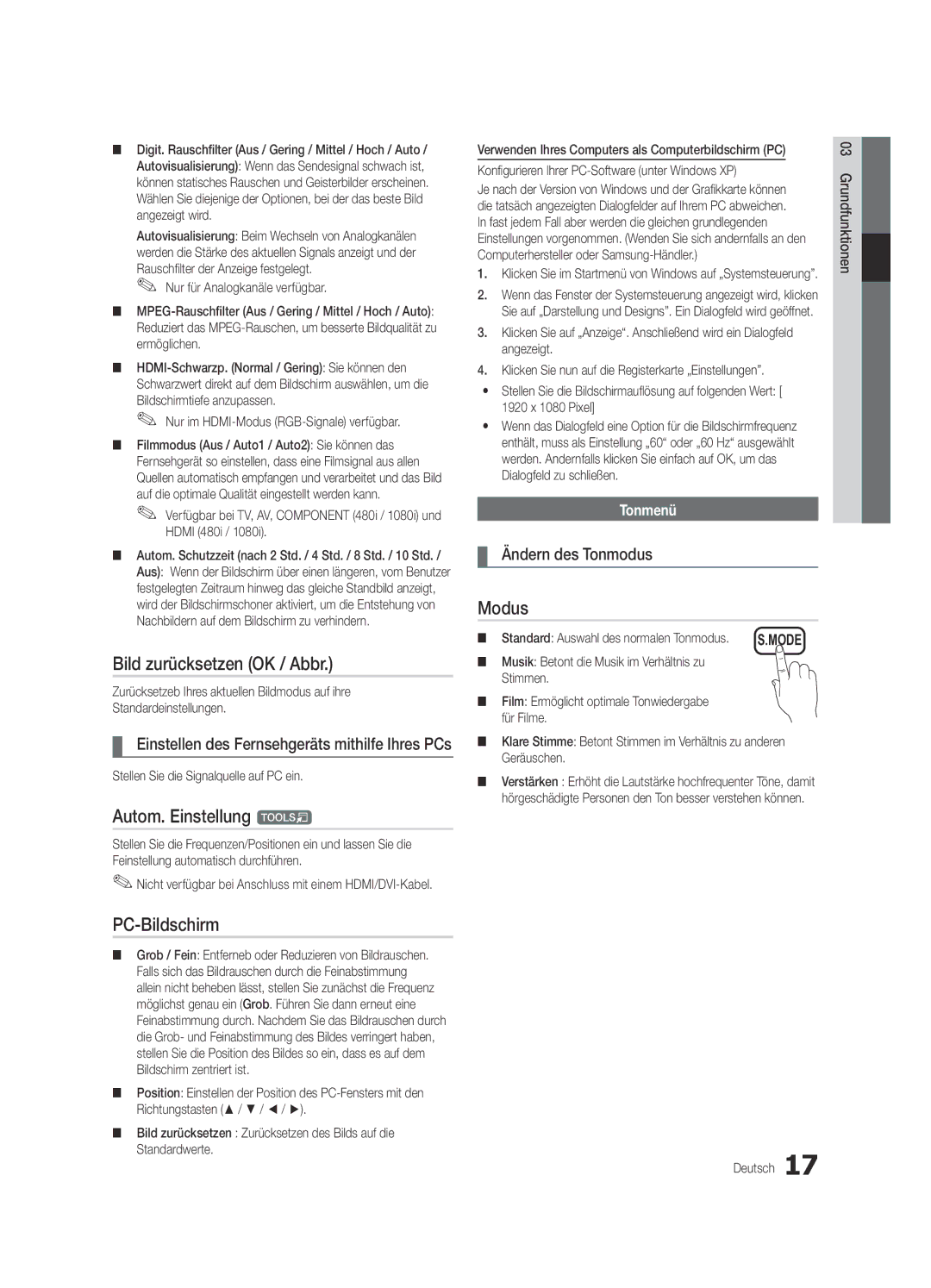 Samsung UE32C5100QWXZG, UE46C5100QWXZG manual Bild zurücksetzen OK / Abbr, Autom. Einstellung t, Modus, PC-Bildschirm 