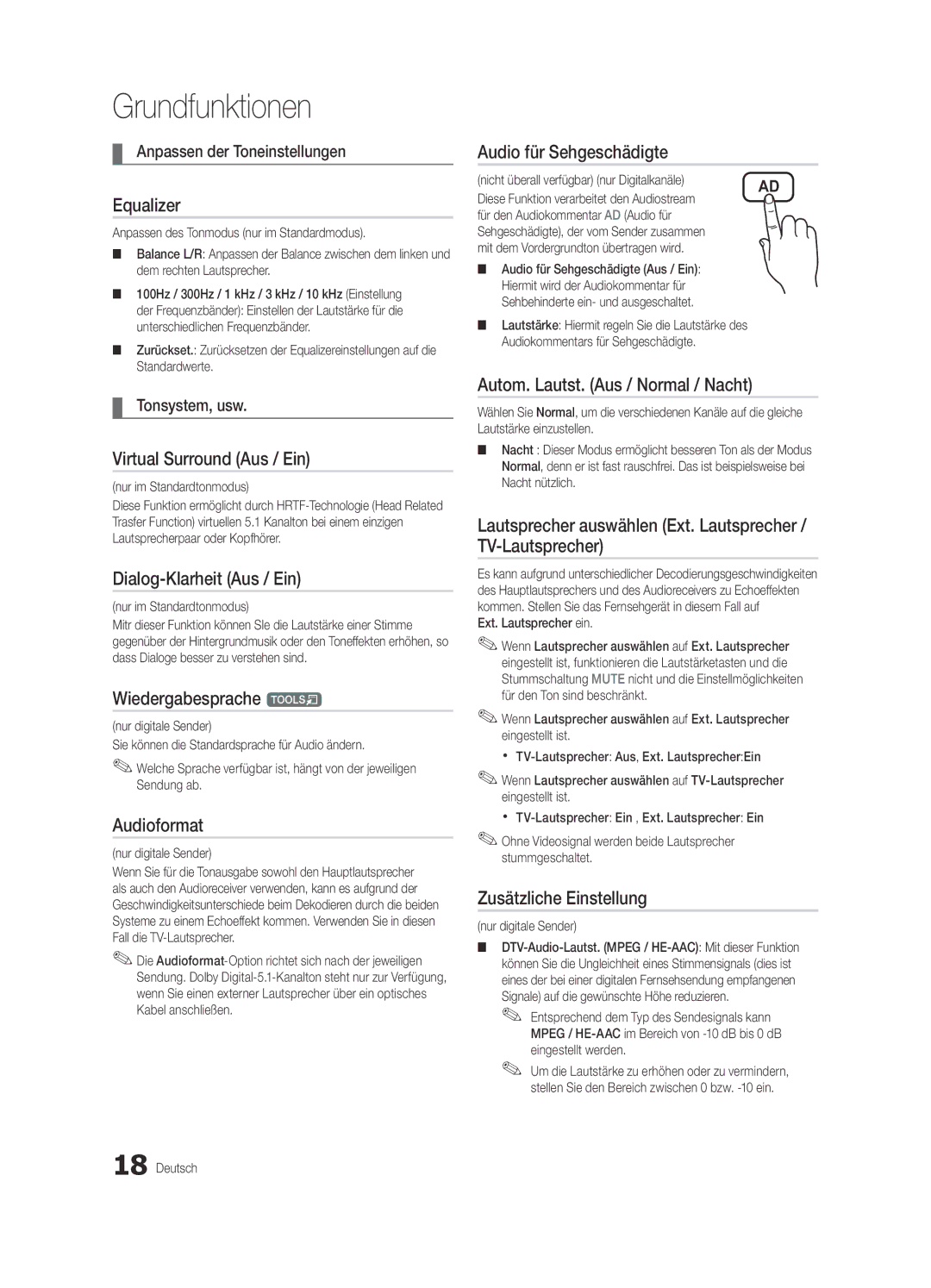 Samsung UE40C5100QWXZG manual Virtual Surround Aus / Ein, Dialog-Klarheit Aus / Ein, Wiedergabesprache t, Audioformat 