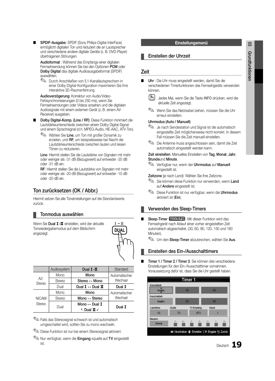 Samsung UE37C5100QWXZG, UE46C5100QWXZG, UE40C5100QWXXN, UE32C5100QWXXN, UE32C5100QWXZG manual Ton zurücksetzen OK / Abbr, Zeit 