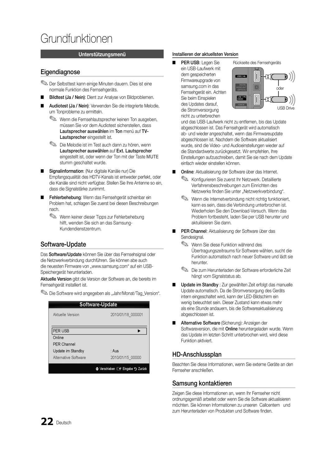 Samsung UE37C5100QWXXC, UE46C5100QWXZG manual Eigendiagnose, Software-Update, HD-Anschlussplan, Samsung kontaktieren 