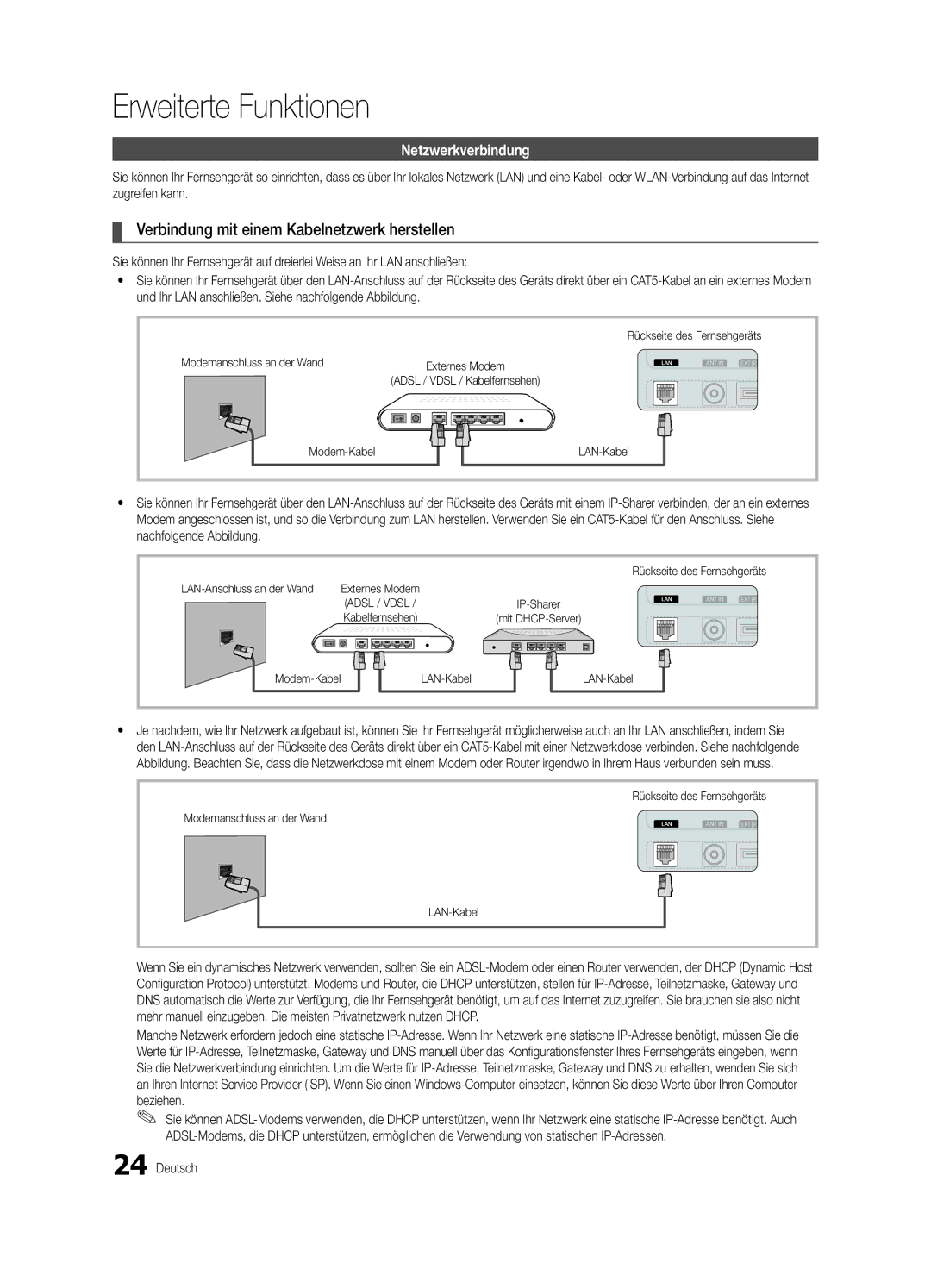 Samsung UE32C5100QWXXC manual Verbindung mit einem Kabelnetzwerk herstellen, Netzwerkverbindung, Modemanschluss an der Wand 