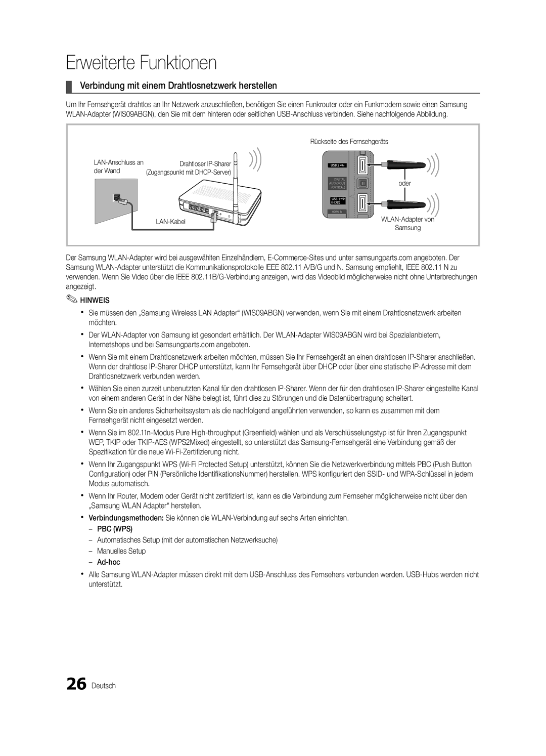 Samsung UE37C5100QWXZT, UE46C5100QWXZG manual Verbindung mit einem Drahtlosnetzwerk herstellen, Rückseite des Fernsehgeräts 