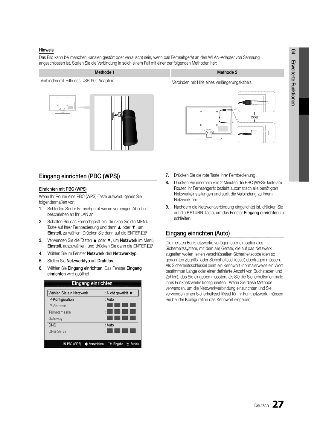 Samsung UE32C5100QWXZT, UE46C5100QWXZG manual Eingang einrichten PBC WPS, Methode Verbinden mit Hilfe des USB-90-Adapters 