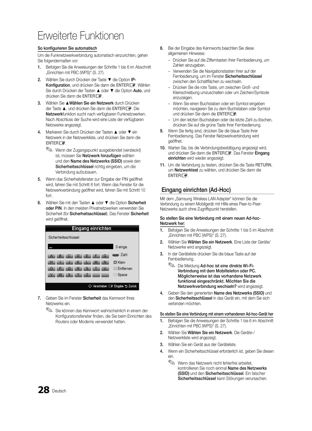 Samsung UE46C5100QWXZT, UE46C5100QWXZG, UE40C5100QWXXN Eingang einrichten Ad-Hoc, Sicherheitsschlüssel Einge, Klein, Space 