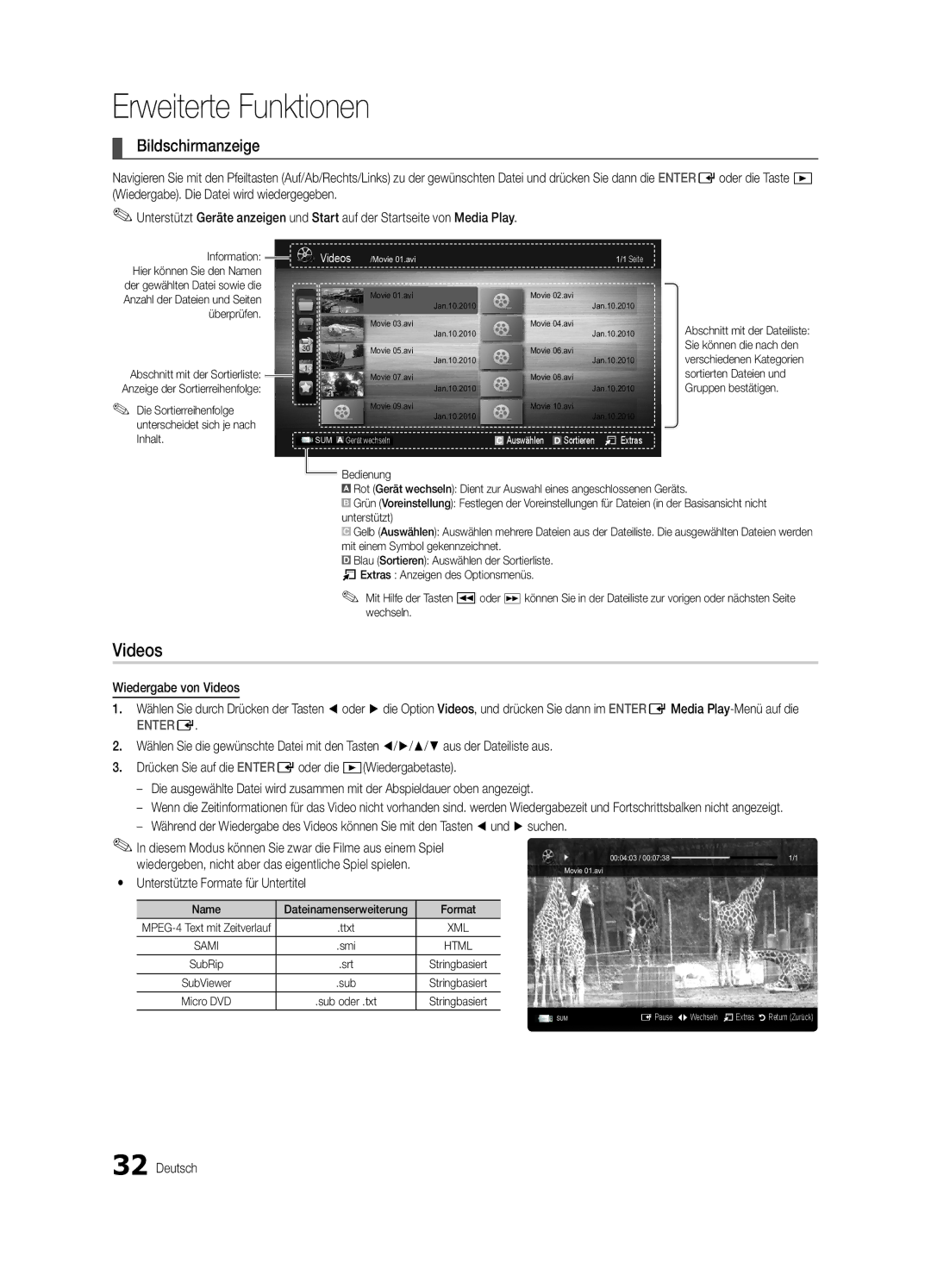 Samsung UE32C5100QWXXN Bildschirmanzeige, Wiedergabe von Videos, Die Sortierreihenfolge unterscheidet sich je nach Inhalt 