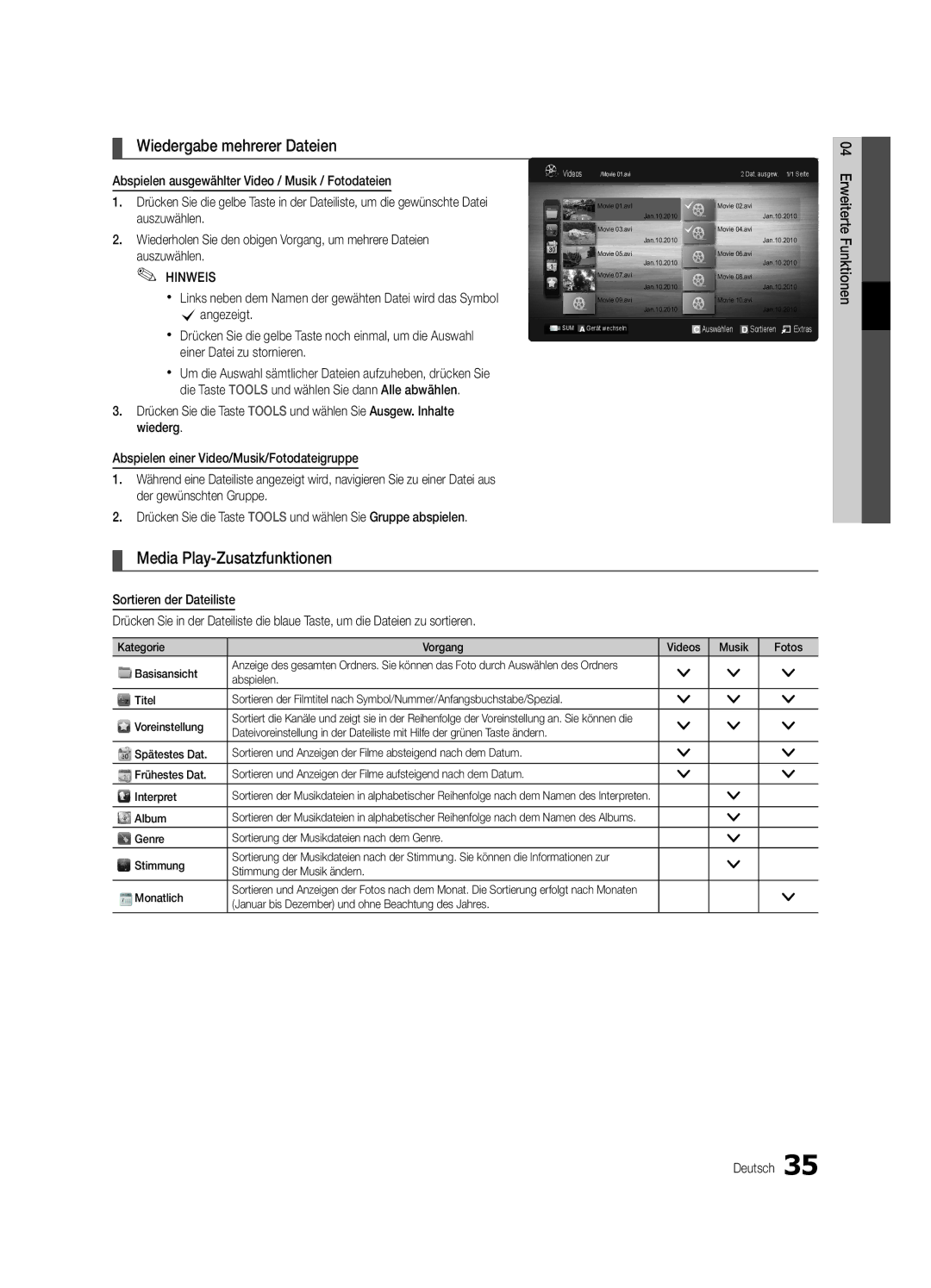 Samsung UE37C5100QWXZG, UE46C5100QWXZG, UE40C5100QWXXN manual Wiedergabe mehrerer Dateien, Media Play-Zusatzfunktionen 