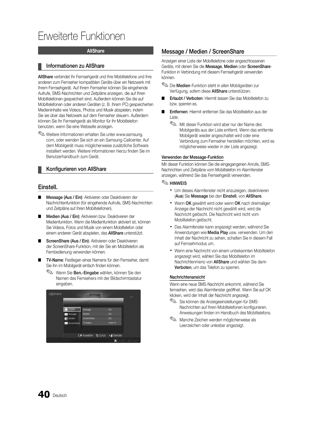 Samsung UE32C5100QWXXC manual Message / Medien / ScreenShare, Informationen zu AllShare, Konfigurieren von AllShare 