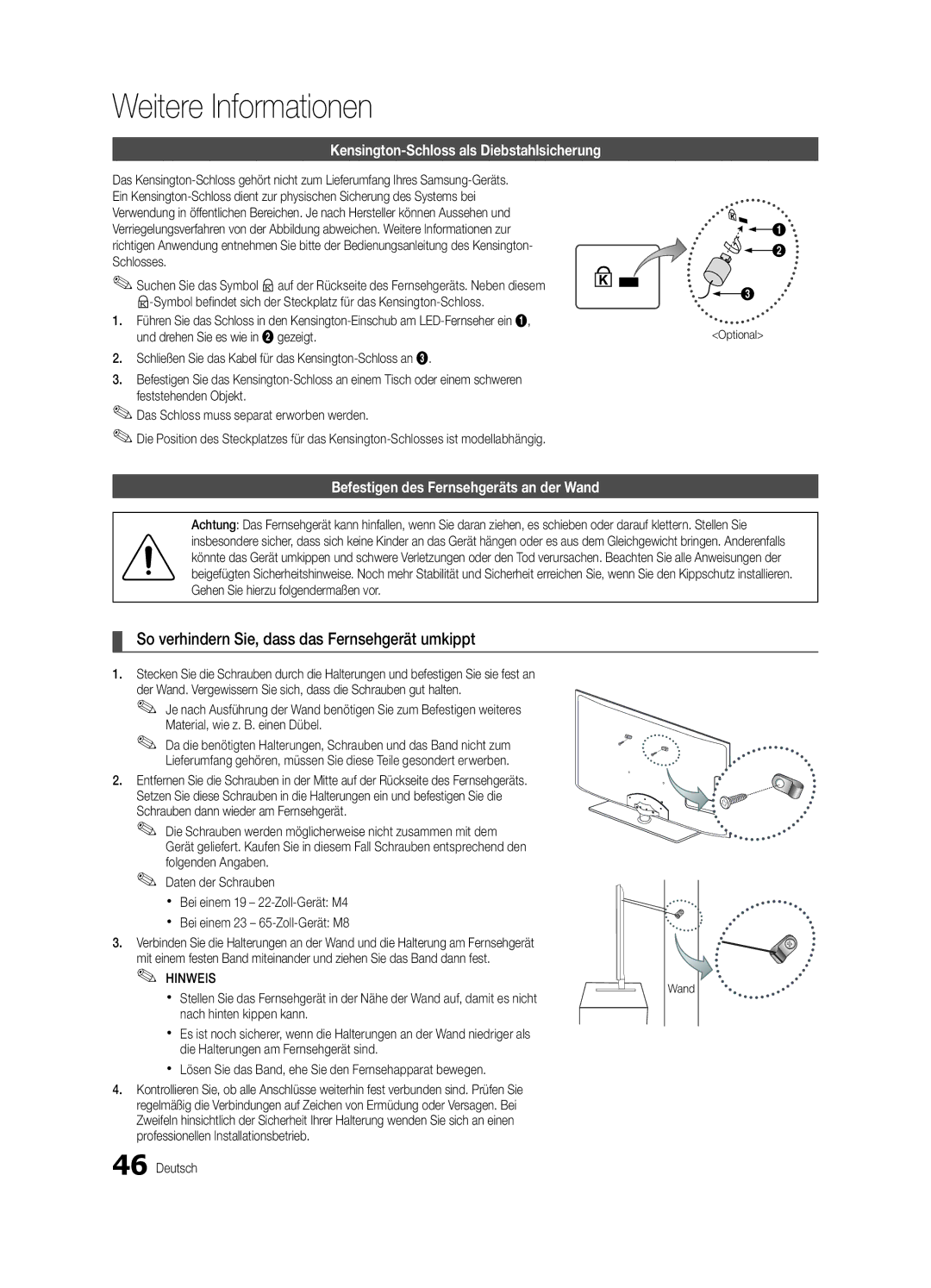 Samsung UE46C5100QWXZG manual So verhindern Sie, dass das Fernsehgerät umkippt, Kensington-Schloss als Diebstahlsicherung 