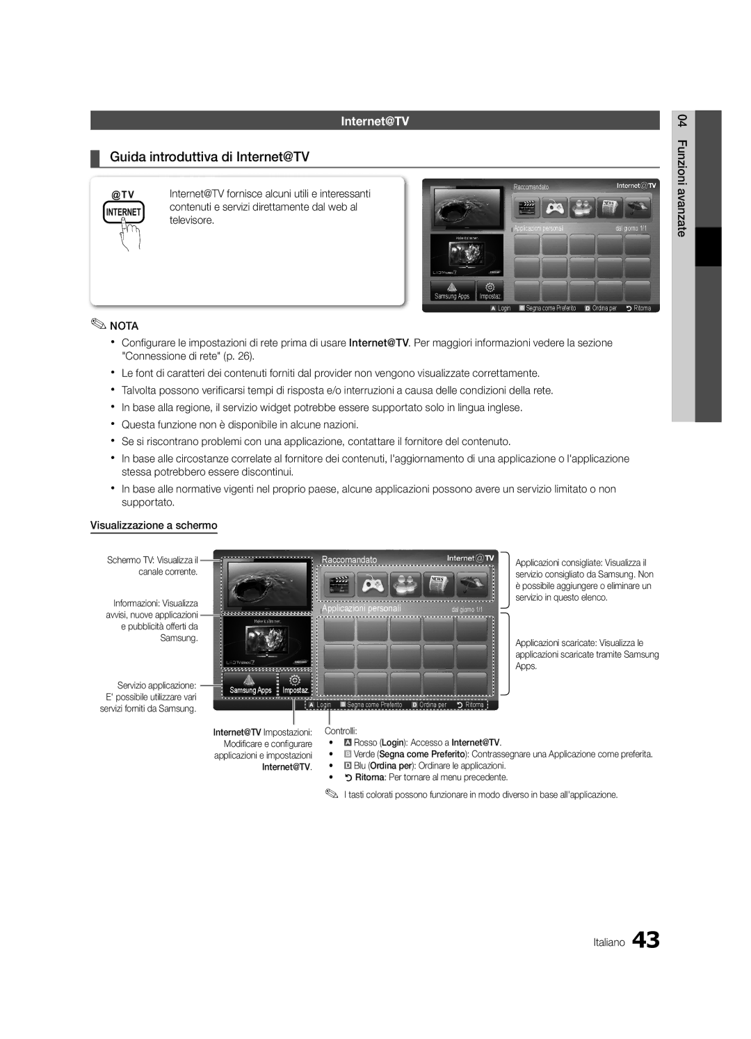 Samsung UE40C6500UPXZT, UE46C6500UPXZT, UE37C6500UPXZT, UE32C6510UPXZT manual Guida introduttiva di Internet@TV, Funzioni 