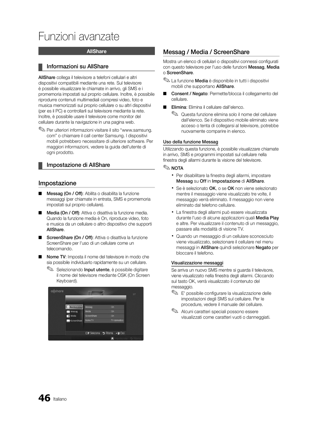 Samsung UE55C6500UPXZT manual Messag / Media / ScreenShare, Informazioni su AllShare, Impostazione di AllShare 
