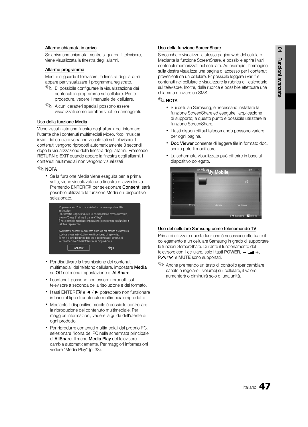 Samsung UE46C6500UPXZT, UE37C6500UPXZT manual Allarme chiamata in arrivo, Allarme programma, Uso della funzione Media 