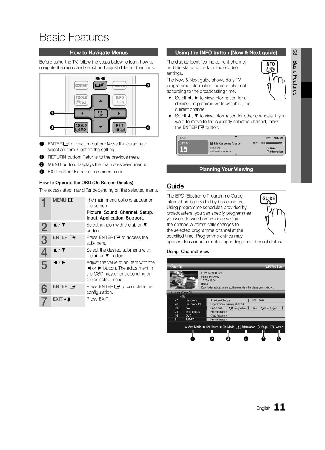 Samsung UE32C6500UPXZT manual Basic Features, Guide, How to Navigate Menus, Using the Info button Now & Next guide 