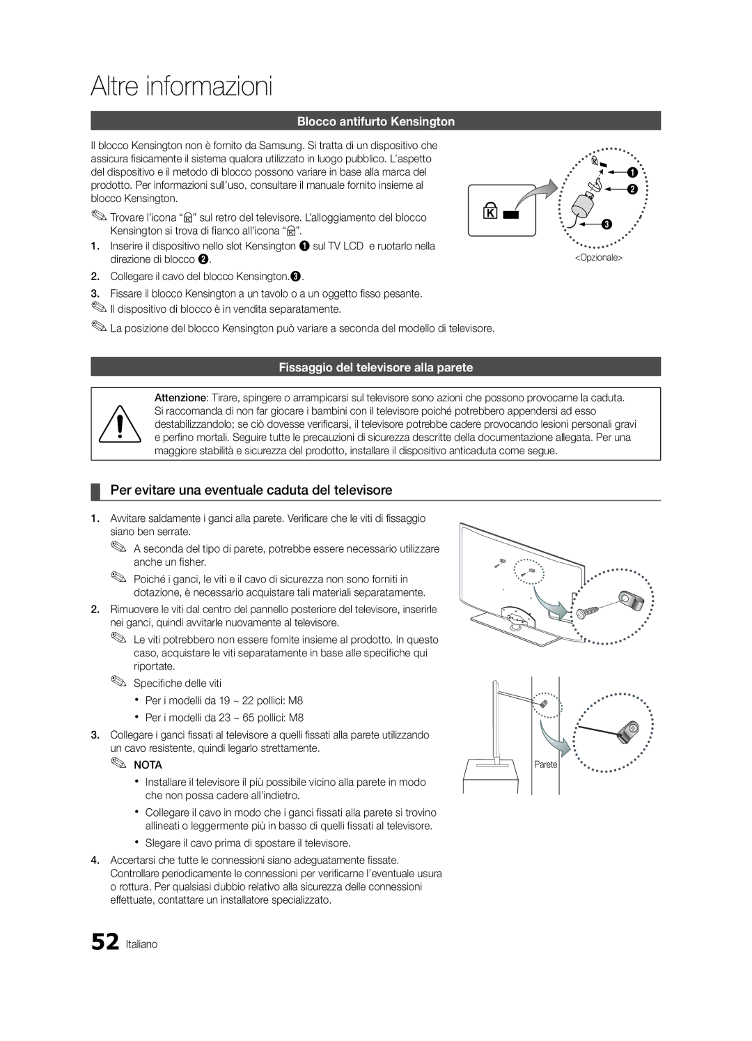 Samsung UE40C6510UPXZT, UE46C6500UPXZT manual Per evitare una eventuale caduta del televisore, Blocco antifurto Kensington 