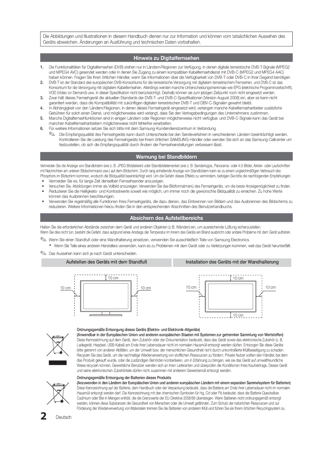 Samsung UE37C6500UPXZT, UE46C6500UPXZT Absichern des Aufstellbereichs, Aufstellen des Geräts mit dem Standfuß, Deutsch 