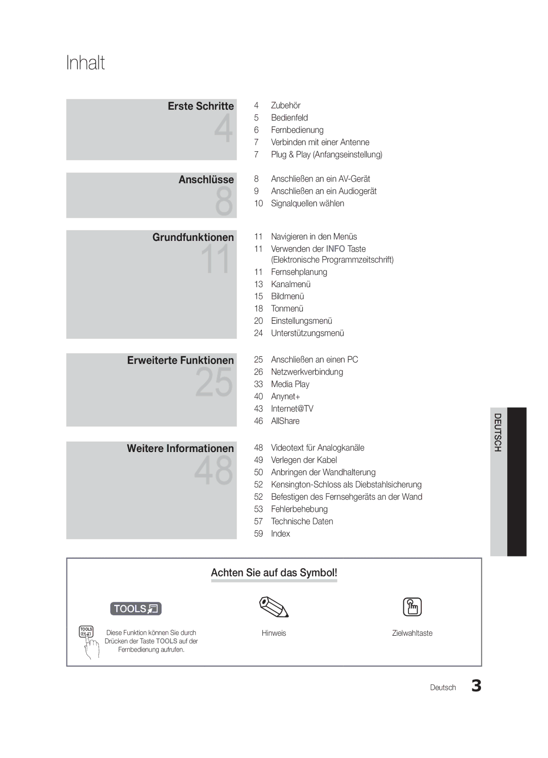 Samsung UE32C6510UPXZT, UE46C6500UPXZT, UE37C6500UPXZT, UE40C6500UPXZT manual Inhalt, Achten Sie auf das Symbol, Hinweis 