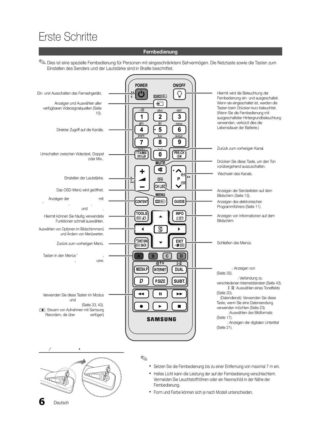 Samsung UE40C6510UPXZT, UE46C6500UPXZT Fernbedienung, Einlegen von Batterien Batteriegröße AAA, Zurück zum vorherigen Menü 