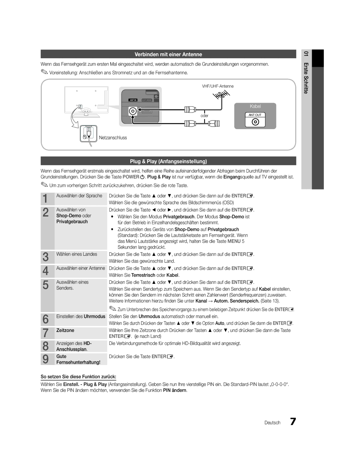 Samsung UE55C6500UPXZT manual Verbinden mit einer Antenne, Plug & Play Anfangseinstellung, Netzanschluss 01SchritteErste 