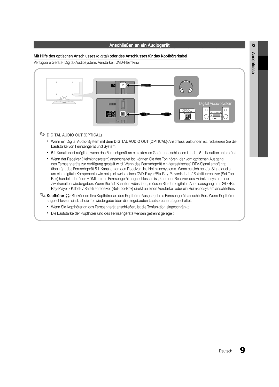 Samsung UE37C6500UPXZT, UE46C6500UPXZT, UE32C6510UPXZT, UE40C6500UPXZT Anschließen an ein Audiogerät, Anschlüsse Deutsch 