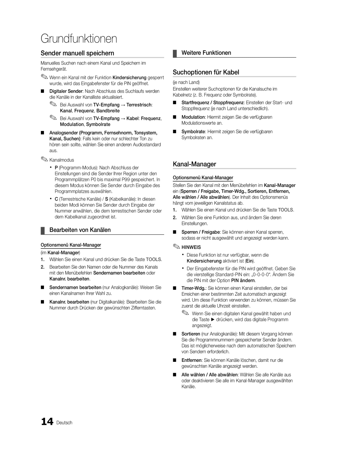 Samsung UE55C6500UPXZT manual Sender manuell speichern, Suchoptionen für Kabel, Bearbeiten von Kanälen, Weitere Funktionen 