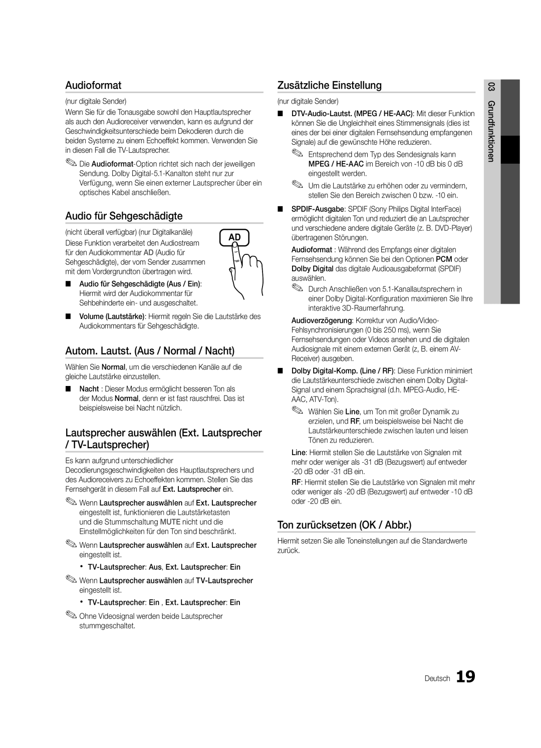 Samsung UE32C6500UPXZT Audioformat, Audio für Sehgeschädigte, Autom. Lautst. Aus / Normal / Nacht, Zusätzliche Einstellung 