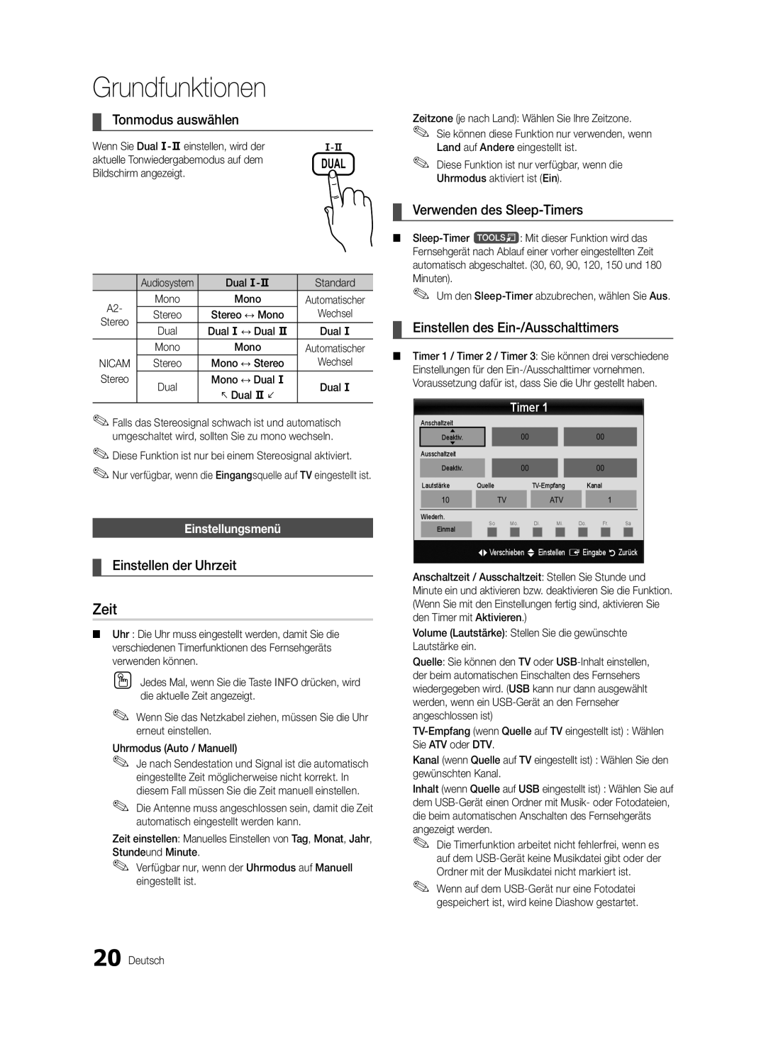 Samsung UE40C6510UPXZT, UE46C6500UPXZT manual Zeit, Tonmodus auswählen, Einstellen der Uhrzeit, Verwenden des Sleep-Timers 