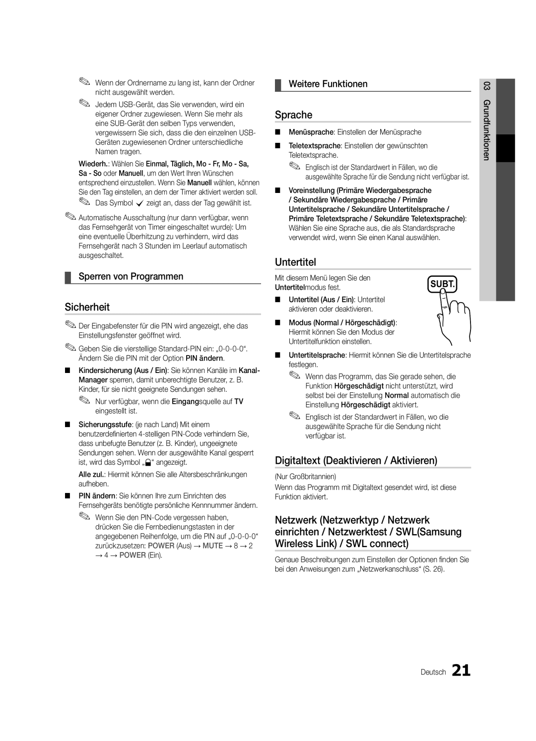 Samsung UE55C6500UPXZT Sicherheit, Sprache, Untertitel, Digitaltext Deaktivieren / Aktivieren, Sperren von Programmen 