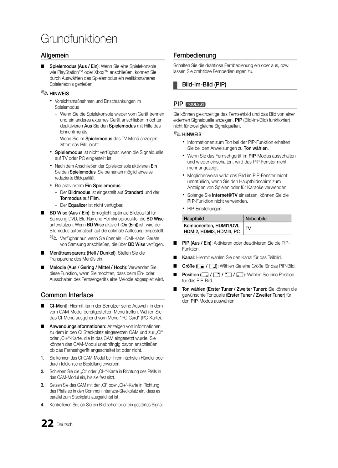 Samsung UE46C6500UPXZT, UE37C6500UPXZT, UE32C6510UPXZT, UE40C6500UPXZT manual Allgemein, Fernbedienung, Bild-im-Bild PIP 