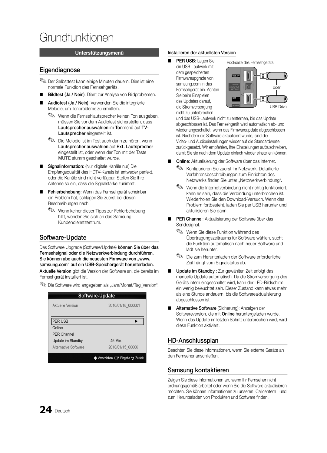 Samsung UE32C6510UPXZT, UE46C6500UPXZT manual Eigendiagnose, Software-Update, HD-Anschlussplan, Samsung kontaktieren 