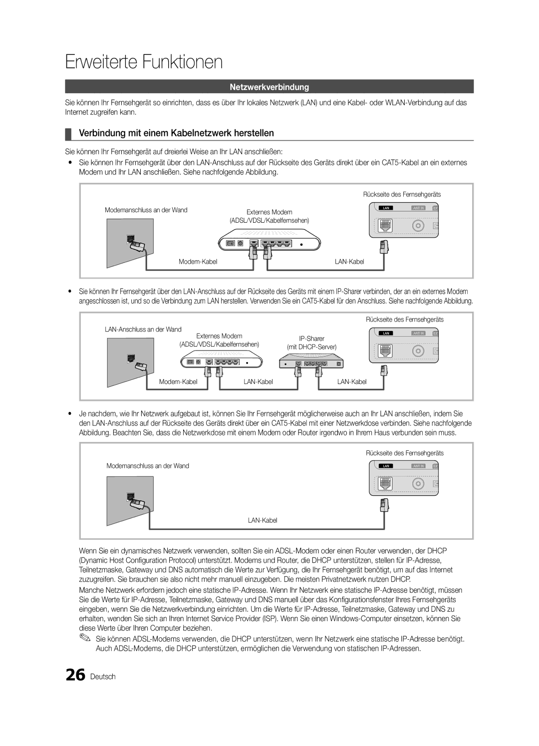 Samsung UE32C6500UPXZT manual Verbindung mit einem Kabelnetzwerk herstellen, Netzwerkverbindung, Modemanschluss an der Wand 