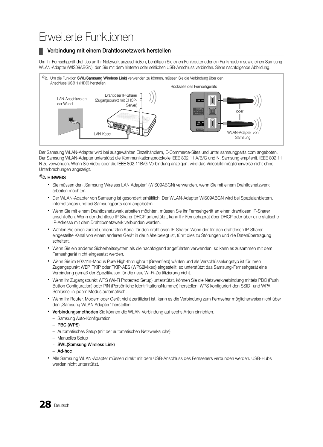 Samsung UE55C6500UPXZT, UE46C6500UPXZT, UE37C6500UPXZT Verbindung mit einem Drahtlosnetzwerk herstellen, Der Wand, Server 