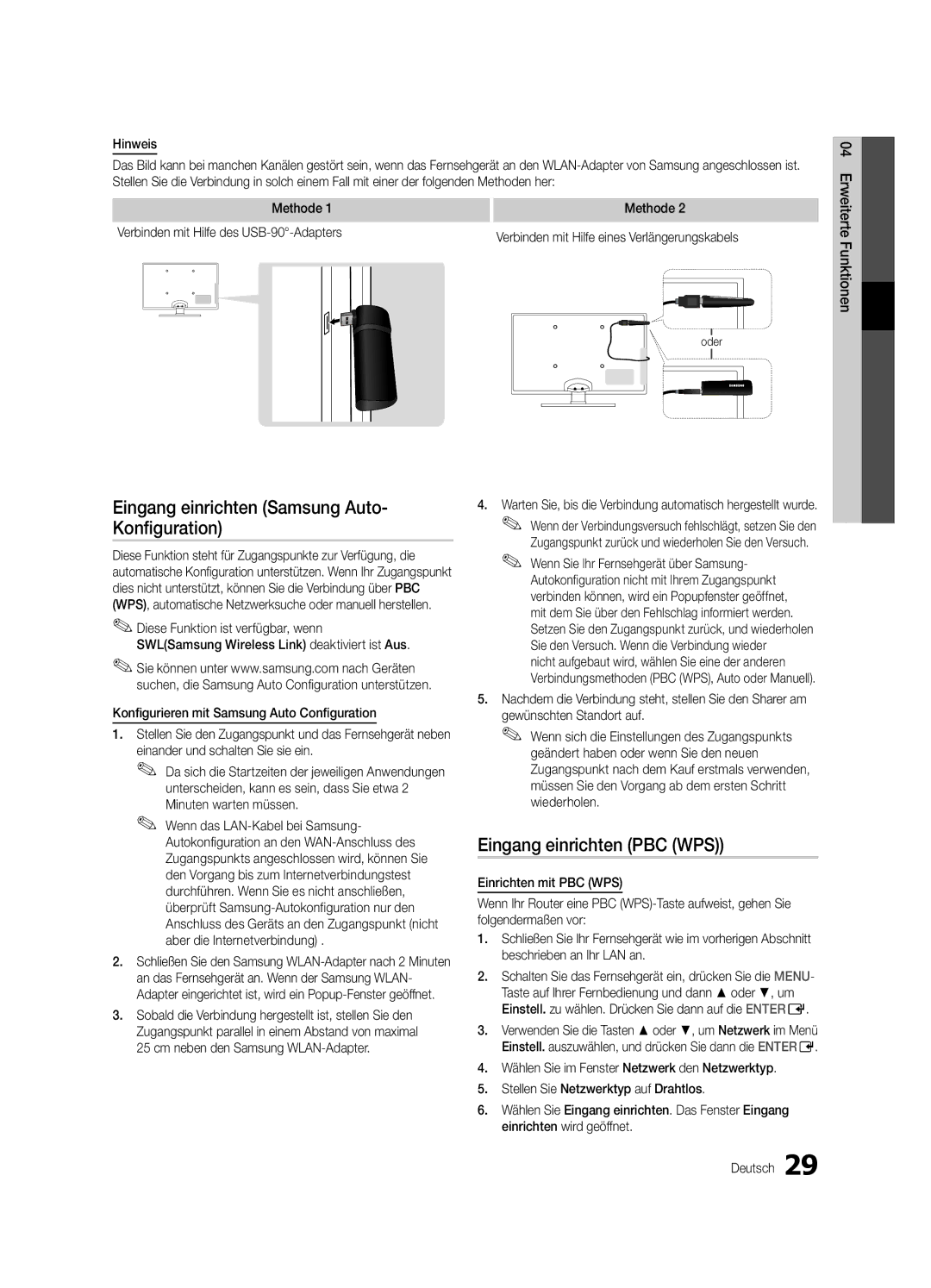 Samsung UE46C6500UPXZT Eingang einrichten PBC WPS, Minuten warten müssen, Gewünschten Standort auf, Einrichten mit PBC WPS 