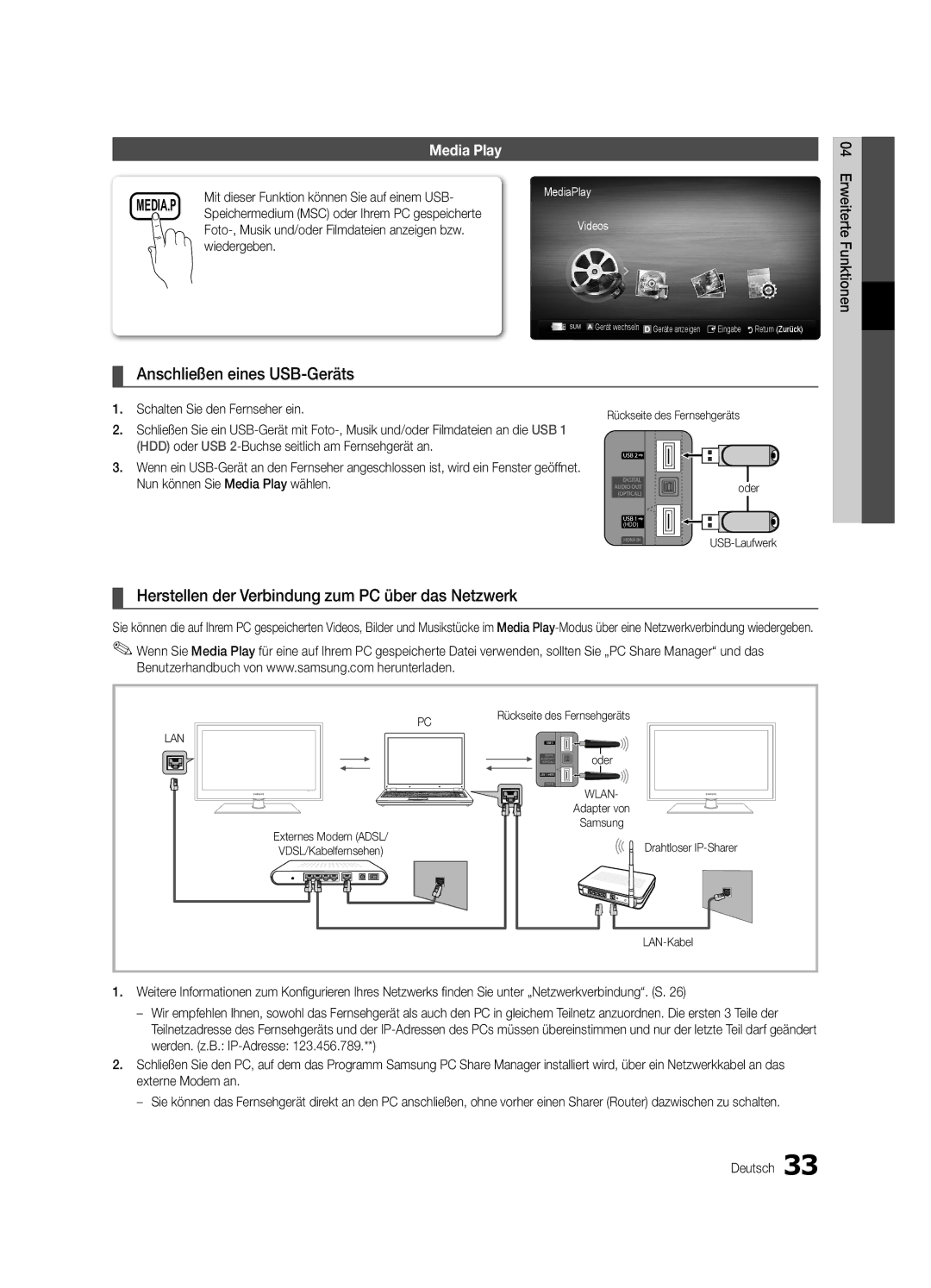 Samsung UE32C6500UPXZT manual Anschließen eines USB-Geräts, Herstellen der Verbindung zum PC über das Netzwerk, Wiedergeben 