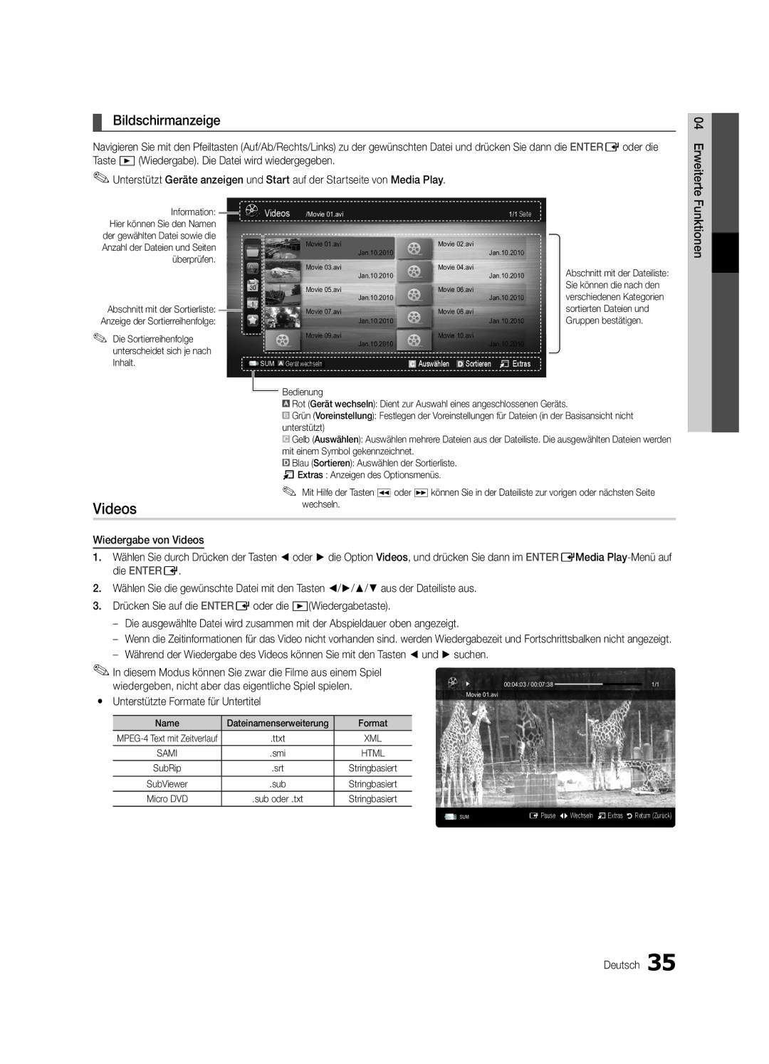 Samsung UE55C6500UPXZT, UE46C6500UPXZT manual Bildschirmanzeige, Drücken Sie auf die ENTEREoder die Wiedergabetaste 