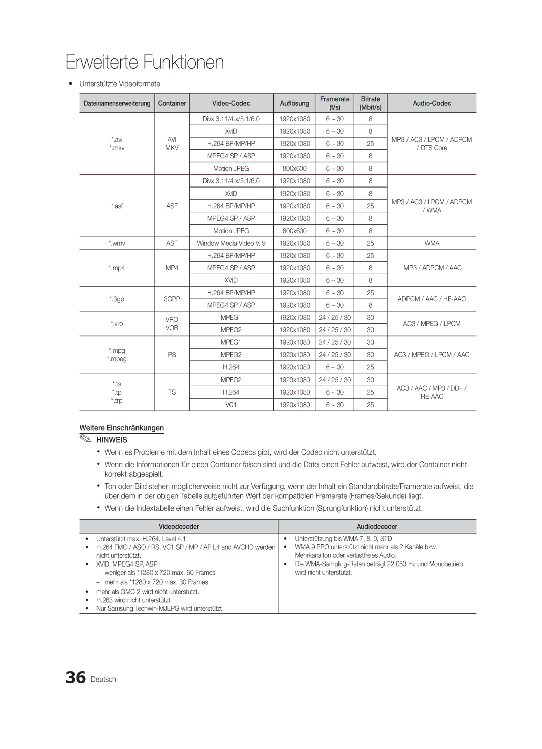 Samsung UE46C6500UPXZT, UE37C6500UPXZT, UE32C6510UPXZT, UE40C6500UPXZT Yy Unterstützte Videoformate, Weitere Einschränkungen 