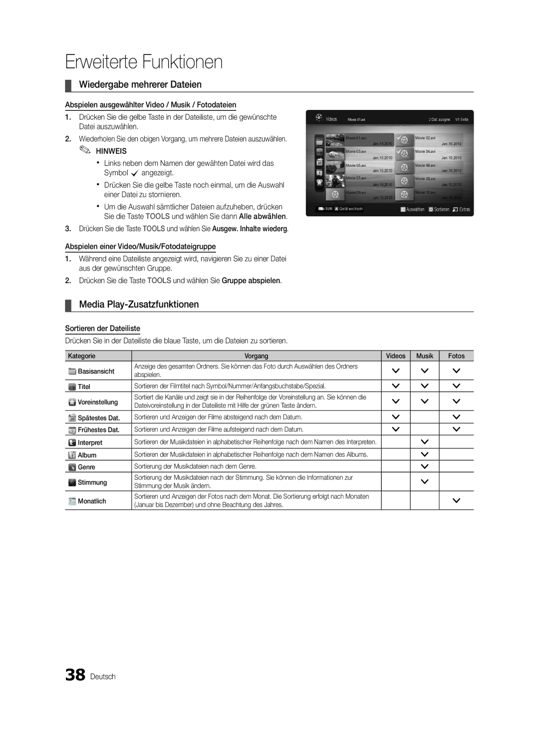 Samsung UE32C6510UPXZT, UE46C6500UPXZT, UE37C6500UPXZT manual Wiedergabe mehrerer Dateien, Media Play-Zusatzfunktionen 