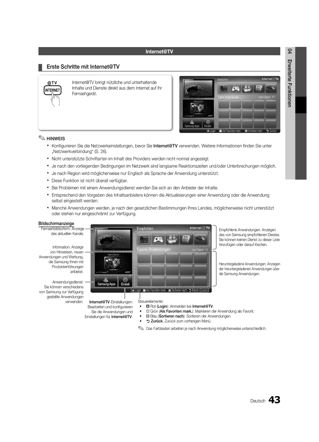 Samsung UE46C6500UPXZT, UE37C6500UPXZT, UE32C6510UPXZT manual Erste Schritte mit Internet@TV, Erweiterte, Funktionen 