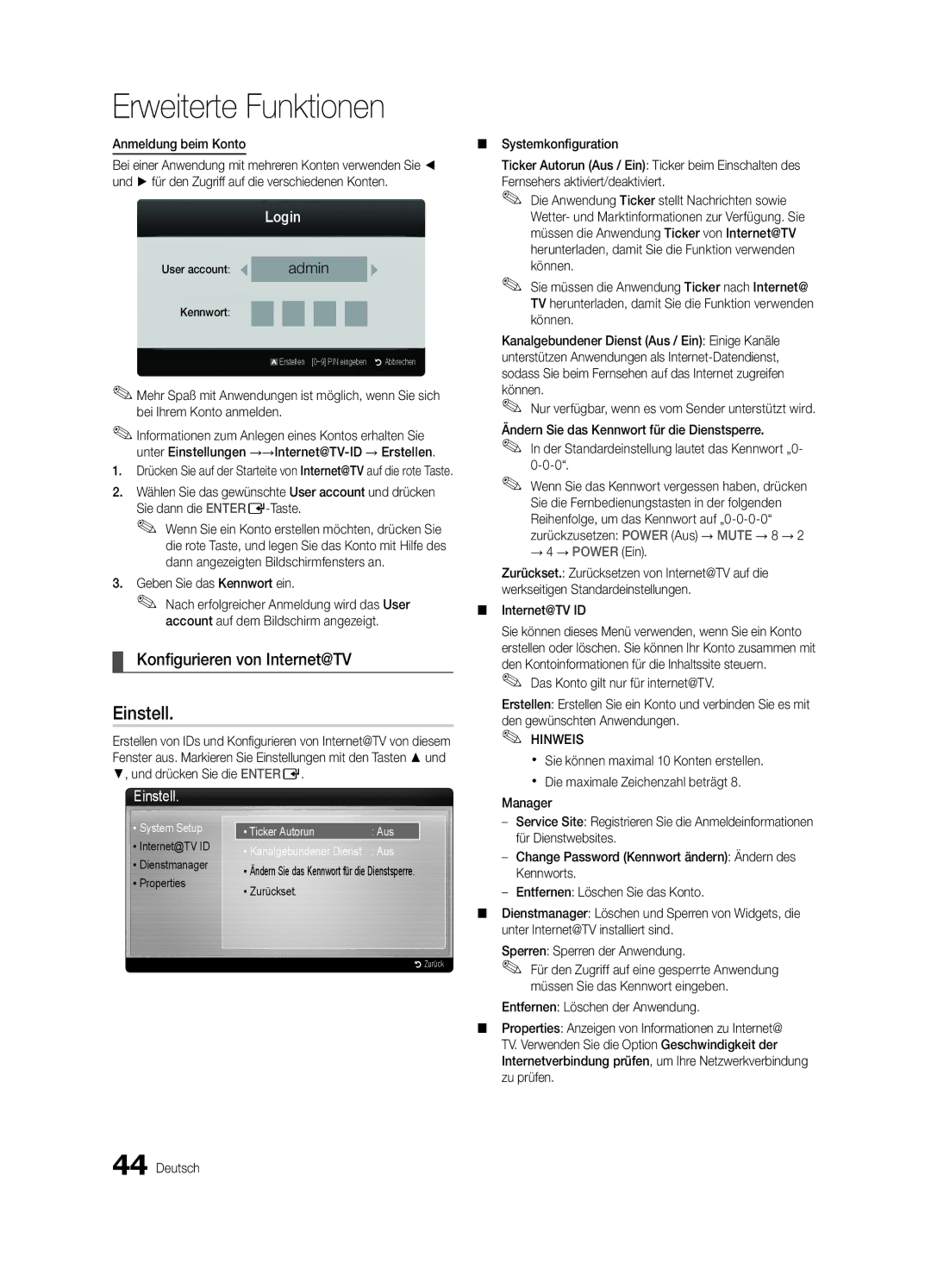 Samsung UE37C6500UPXZT, UE46C6500UPXZT manual Konfigurieren von Internet@TV, Anmeldung beim Konto, Sie dann die ENTERE-Taste 