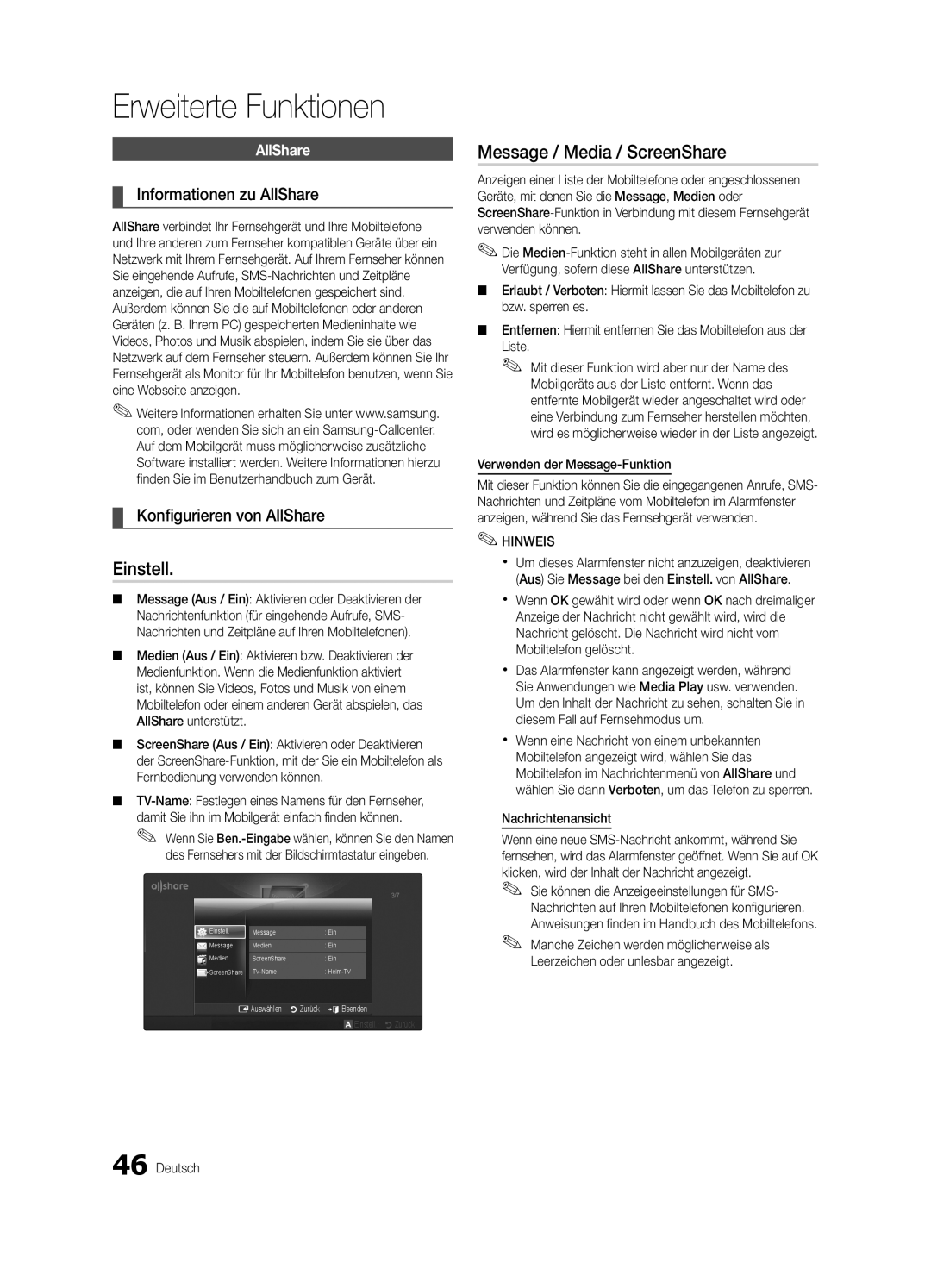 Samsung UE40C6500UPXZT manual Informationen zu AllShare, Konfigurieren von AllShare, Verwenden der Message-Funktion 