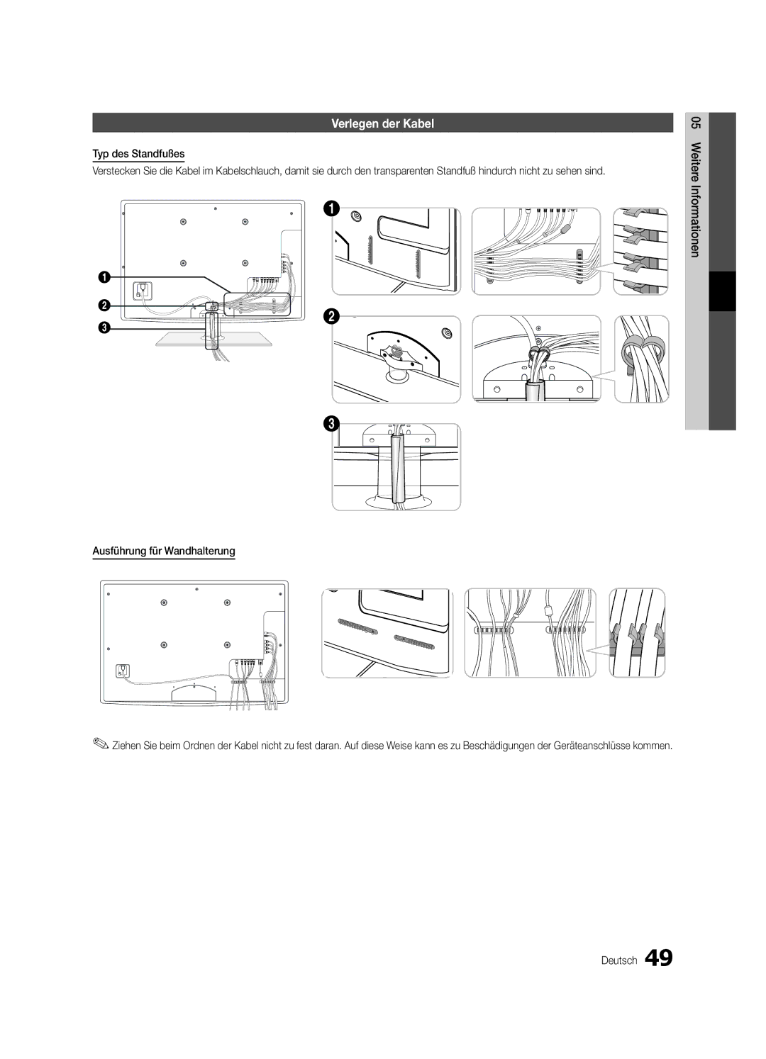 Samsung UE55C6500UPXZT manual Verlegen der Kabel, Typ des Standfußes, Ausführung für Wandhalterung 05InformationenWeitere 