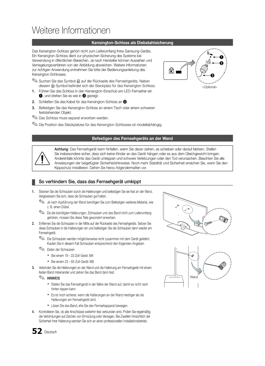 Samsung UE32C6510UPXZT manual So verhindern Sie, dass das Fernsehgerät umkippt, Kensington-Schloss als Diebstahlsicherung 