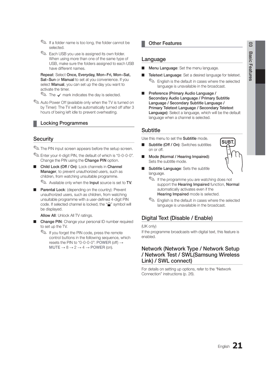 Samsung UE46C6500UPXZT, UE37C6500UPXZT Security, Language, Subtitle, Digital Text Disable / Enable, Locking Programmes 